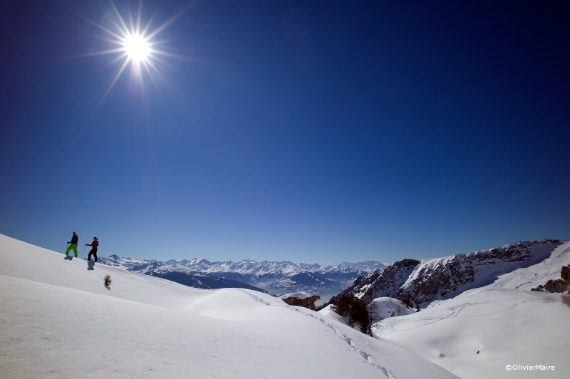 freeride skiing in deep powder snow on the plein morte glacier